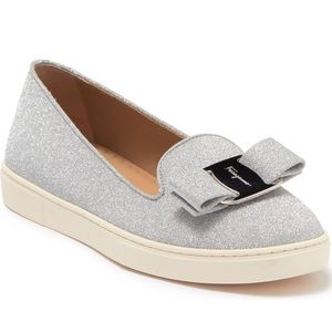Salvatore Ferragamo Novello Bow Silver Slip On Sneakers Flats
